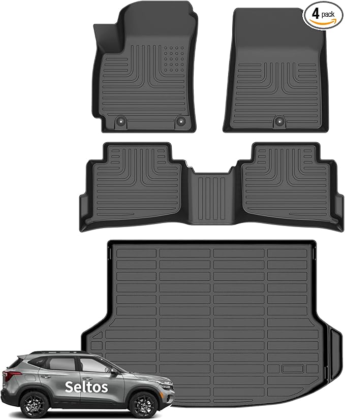 Wayhigh-All Weather Floor Mats and Cargo Liner Set Fit for Kia Seltos 2024 2025 2026 S/LX/EX/X-Line（Not SX）, TPE Car Mats Set (Floor Mats+Rear Trunk Mat) for 2025 Seltos Accessories