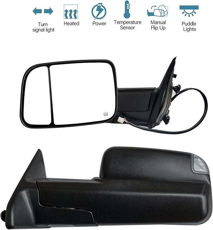 BOOLEE Towing Mirrors Compatible with 2009-2018 Dodge Ram 1500 2500 3500 with Turn Signal Lamp Puddle Light Temperature Sensor Power Heated Pickup Truck Tow Mirrors Black