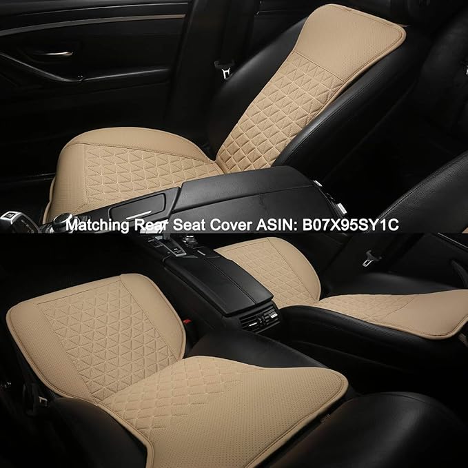 Black Panther 1 Pair Luxury PU Car Seat Covers Protectors for Front Seats, with Partial Backrest Coverage (Middle Part Only), Triangle Pattern, Compatible with 95% Cars - Beige