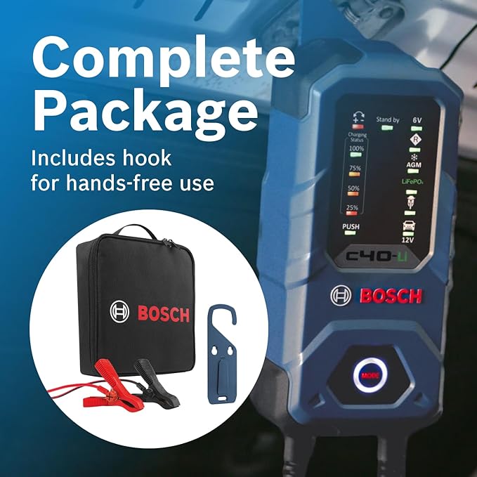 Bosch C40-Li: 5A 6V/12V Next-Gen Battery Charger – Smart Maintenance & Trickle Functionality with Advanced Safety Features – for Lead-Acid & Lithium Batteries, Including AGM, EFB, Gel & SLI