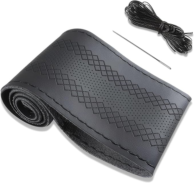 Black Leather Steering Wheel Cover, Stitch On Wrap, Breathable Cowhide Car Steering Wheel Cover, Standard Size 15 Inch (Type C)