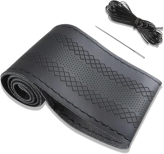 Black Leather Steering Wheel Cover, Stitch On Wrap, Breathable Cowhide Car Steering Wheel Cover, Standard Size 15 Inch (Type C)