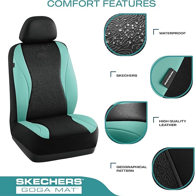 Skechers Car Seat Covers,Leather Seat Covers with GOGA Mat Technology,Waterproof Car Seat Covers Full Sets,Airbag Compatible,Comfort Universal Fit for Most Cars,Vans,Trucks,SUVs,Mint