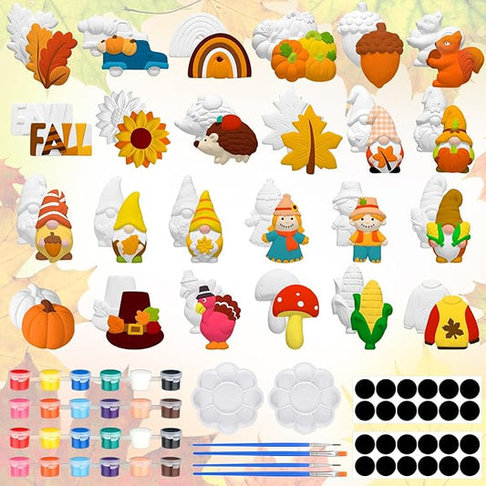 Simgoing 24 Sets Fall Ceramic Painting Kit for Adults Thanksgiving Unpainted Paint Your Own Figurines DIY Ready to Paint Ceramics Painting Crafts Arts and Crafts Set with Soft Magnetic Strips