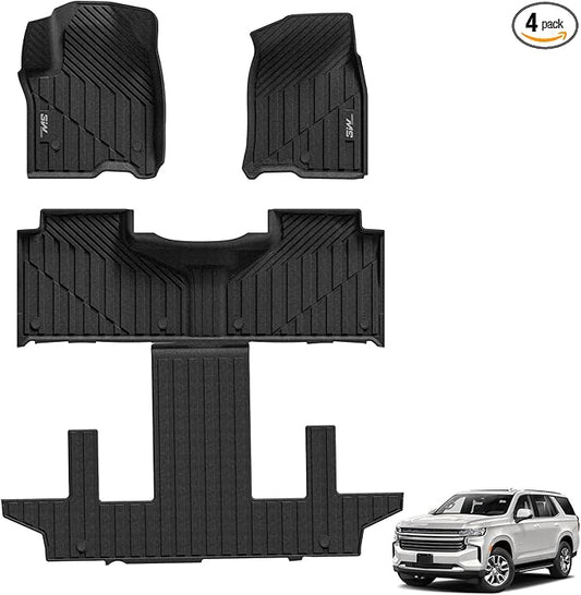 3W Floor Mats Fit for 2021 2022 2023 2024 2025 Chevy Suburban/GMC Yukon XL/Cadillac Escalade ESV 7 Seat, TPE All Weather Custom Fit Car Accessories Full Set Car Liners for Bucket Seat