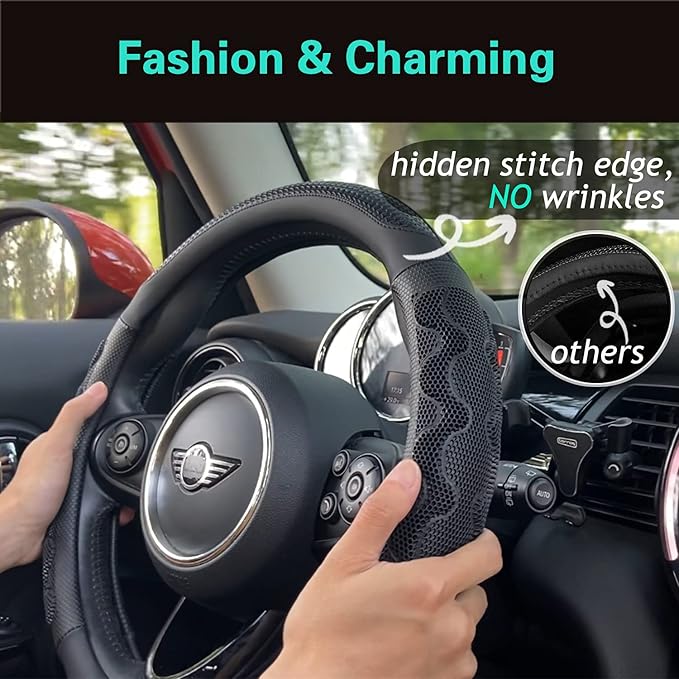 PINCTROT Large Size Steering Wheel Cover Great Grip with 3D Honeycomb Anti-Slip Design, 15.5-15.75 Inch (All Black)