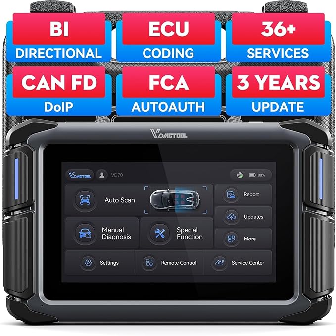 Bidirectional Scan Tool VDIAGTOOL VD70, OBD2 Scanner Diagnostic Tool with ECU Coding, 36+ Resets, FCA AutoAuth, All System, PMI, CAN FD & DoIP, V.A.G. Guide, 3-Year Update