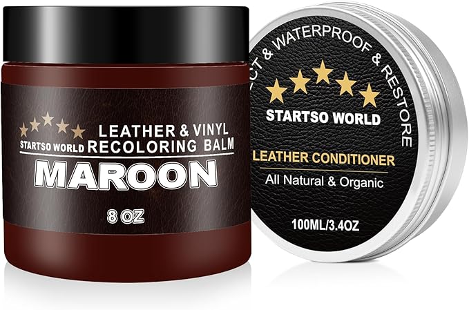 STARTSO WORLD 200Ml Leather Recoloring Balm with 100ML Leather Conditioner, Maroon Leather Repair Kit for Furniture, Leather Dye, Leather Scratch Repair, Leather Couch Paint