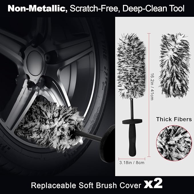 9PCS Scratch-Free Car Wheel Cleaning Kit - Soft Rims Brush, Microfiber Flat Wheel Brush, Boar Hair Detail Brush & Cleaning Pads, Towel & Storage Bag | for Sedans, SUVs, Trucks & ATVs