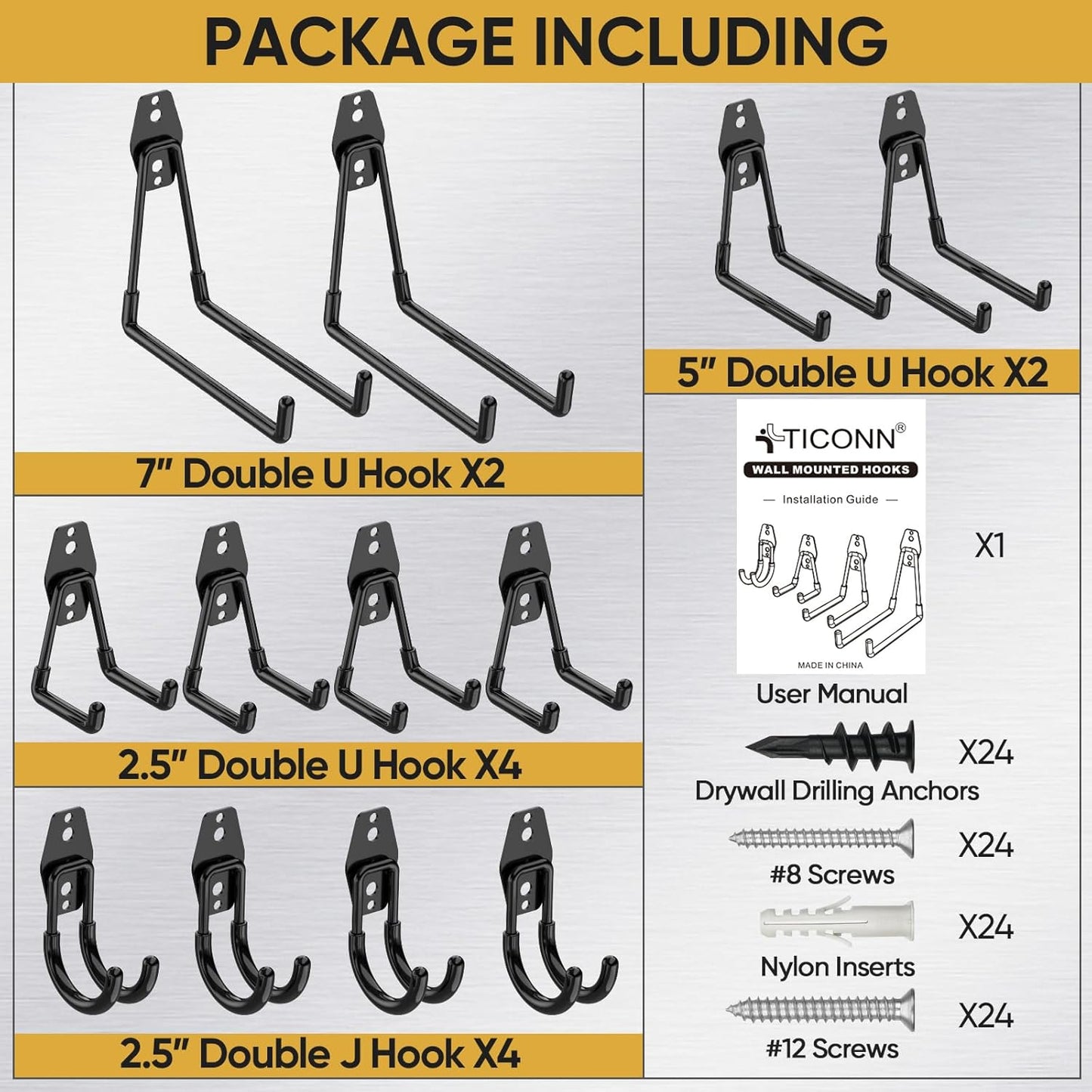 TICONN 12 Pack Heavy Duty Garage Hooks, Steel Utility Wall Storage Hooks, Wall Mount Hanger Organizer for Ladders, Bikes, Tools, Bulky Items (Set, Black)