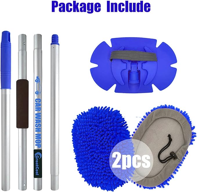62" Car Wash Brush Mop Kit with Long Handle, 2 in 1 Chenille Microfiber Sponge Mitt Cleaning Detailing Duster for Washing Cars Truck SUV RV Caravans and Household(2 x Mop Head) (Blue)