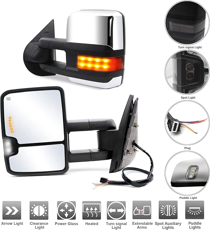 ReYee Towing Mirrors fit for 2007-2014 Chevy Silverado 1500 2500 3500 Tahoe Suburban GMC Yukon Sierra with Heated Power Arrow Signal On Glass Turn Signal Light Manual Telescoping Folding Chrome Cap