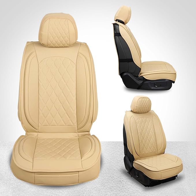 MIROZO Seat Covers Full Set Beige, Leather Car Seat Covers Automotive Seat Covers Car Seat Protector Universal Vehicle Seat Covers for Most Sedan SUV Pick-up Truck（Beige,Full Set