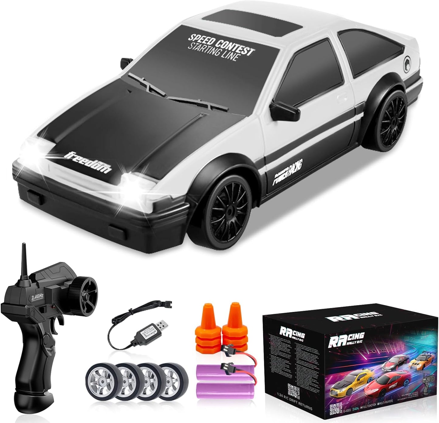 RC Drift Car 1/24 2.4GHz Remote Control Cars, 4WD High Speed Drift RC Cars with Cool LED Lights, Extra Drifting Tires Racing Toys Car with Two Batteries for Kids Boys Girls Adults (White)