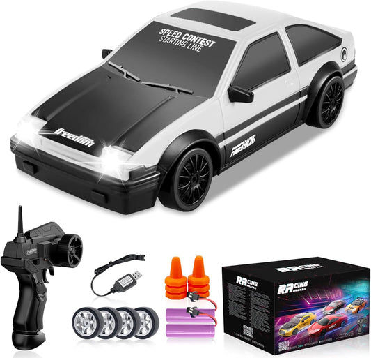 RC Drift Car 1/24 2.4GHz Remote Control Cars, 4WD High Speed Drift RC Cars with Cool LED Lights, Extra Drifting Tires Racing Toys Car with Two Batteries for Kids Boys Girls Adults (White)