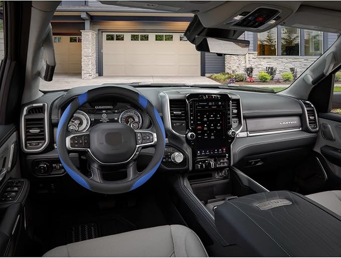 West Llama Customized Auto Car Steering Wheel Cover for Dodge RAM 1500 2500 3500, 15.5-16 inch (Black+Blue-Large Size)