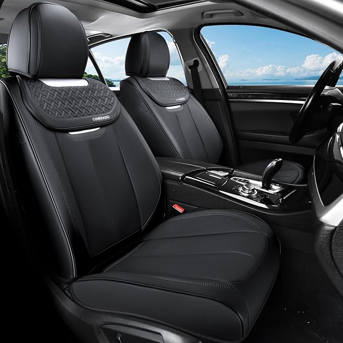 Coverado Car Seat Covers Front Seats, Nappa Leather Front Seat Covers, Waterproof Car Seat Cushion, Black Seat Covers Car Seat Protector Interior Accessories Fit for Most Cars