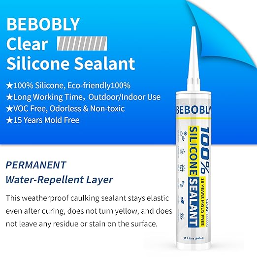 Silicone Caulk & Sealant Clear, 100% Waterproof Silicone Sealant, Shrink & Crack Proof, Silicone Sealant Caulking for Kitchen, Bathroom, RV, Interior & Exterior Use, 10.2 FL. OZ/300ML, 12 Pack