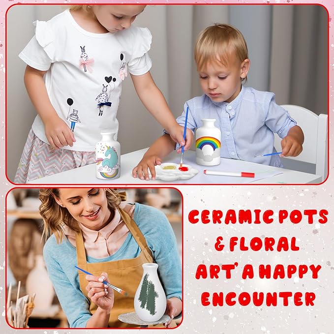 Singhoow 4 Set Paint Your Own Porcelain Paint Vase Art Project White Ceramic Painting Kit for Adults Porcelain Vase Decorating Kit with Christmas Holiday Supplies DIY(Charming)