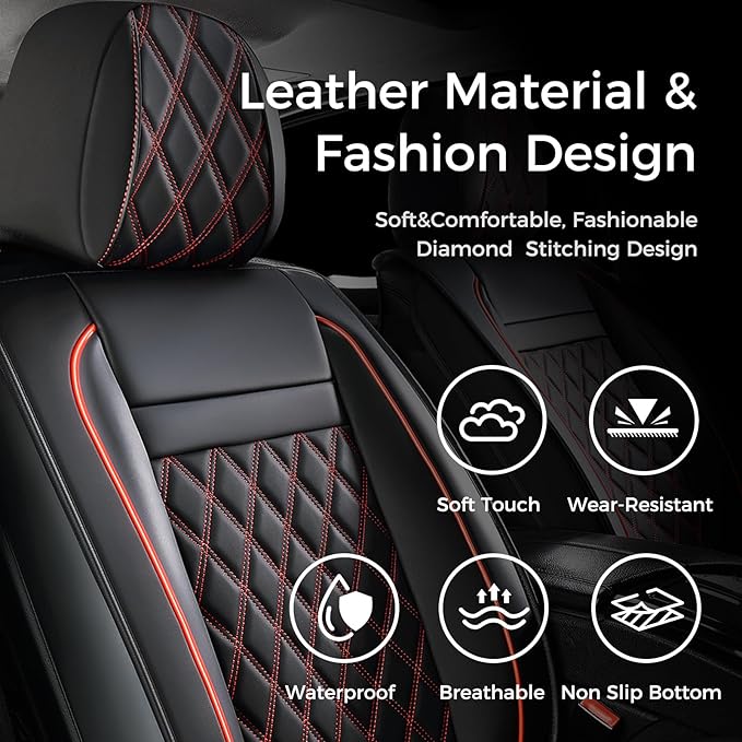 Huidasource Car Seat Covers for Front Seat, Car Seat Cushion Waterproof, Full-Cover Faux Leather Car Seat Cover Protector Universal Fit for Most Cars,Vans,Trucks, SUVs (Front Pair/Black&Red)
