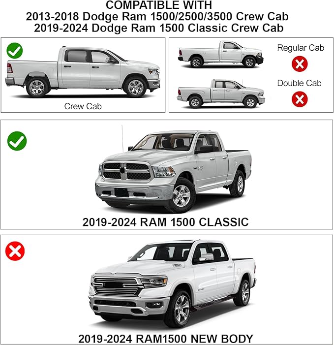 Floor Mats Fit for 2013-2018 Dodge Ram 1500/2500/3500 Crew Cab & 2019-2024 Dodge Ram 1500 (Only Classic Body) Crew Cab All Weather TPE Car Liner, & Door Sill Guards Accessories