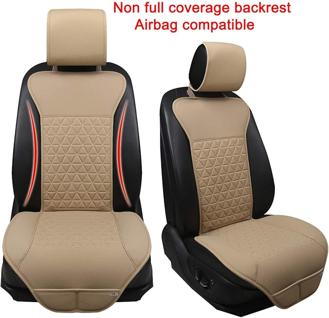Black Panther 1 Pair Luxury PU Car Seat Covers Protectors for Front Seats, with Partial Backrest Coverage (Middle Part Only), Triangle Pattern, Compatible with 95% Cars - Beige