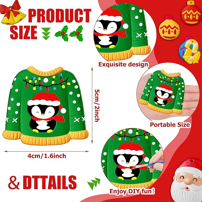 TecUnite 28 Pcs Ceramic to Paint Christmas Ornament Crafts Adults Unpainted DIY Ceramic Figurines Decorate and Paint Your Own Ornaments Kits DIY Craft Xmas Holiday Activities(Ugly Sweater)
