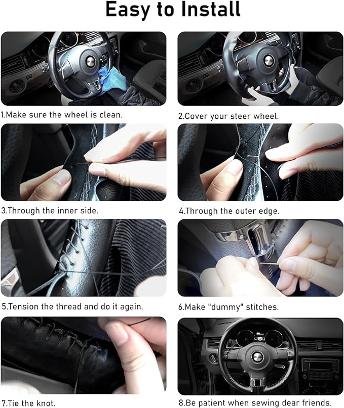 BELINOUS Leather Steering Wheel Cover Lace Up, Stitch On Wrap, Universal Fit 13-20 inch Car Truck SUV Pickup Boat, A Whole Piece of Cowhide, DIY Stitch w/Needle Thread (Size M4, Wine Red)