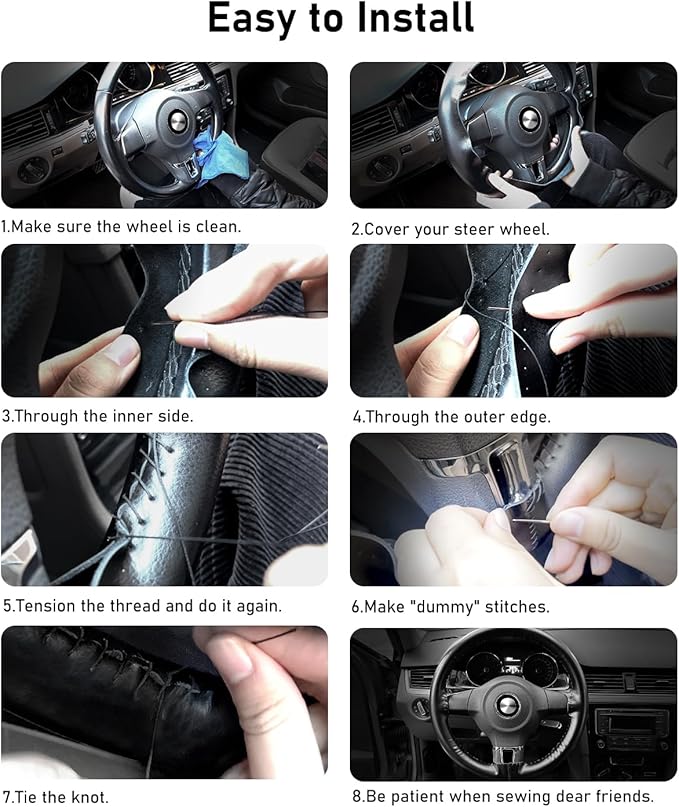 BELINOUS Leather Steering Wheel Cover Lace Up, Stitch On Wrap, Universal Fit 13-20 inch Car Truck SUV Pickup Boat, A Whole Piece of Cowhide, DIY Stitch w/Needle Thread (Size M2, Coffee)