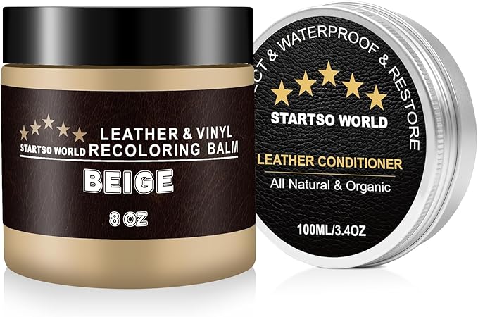 STARTSO WORLD 200Ml Leather Recoloring Balm with 100ML Leather Conditioner, Beige Leather Repair Kit for Furniture, Leather Dye, Leather Scratch Repair, Leather Couch Paint