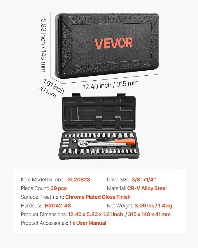 VEVOR Socket Set, 39 Pieces, 3/8 & 1/4 inch Drive Socket and Ratchet Set, SAE and Metric Size, Mechanic Tool Kit with Ratchet Wrench, Accessories, Storage Case, CR-V Alloy Steel, for Automotive Repair