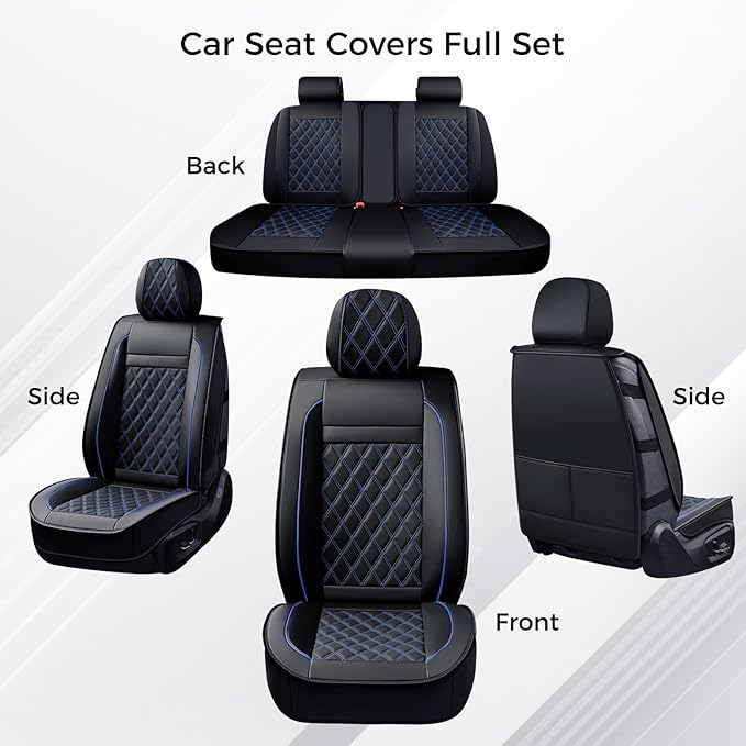 Huidasource Car Seat Covers, Truck Seat Covers 5 Seats Side Open Design Airbag Pops Out, Full-Cover Leather Seat Covers Waterproof, Universal Fit for Most Cars,Vans,Trucks,SUVs (Full Set/Black&Blue)