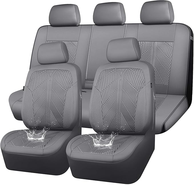CAR PASS Waterproof Car seat Covers Full Sets Neoprene Wetsuit, All-Weather Non-Slip Durable, Universal Fit for SUV Sedans Trucks Vans Automotive, Armrest Airbag Compatible, 3D Emboss All Gray
