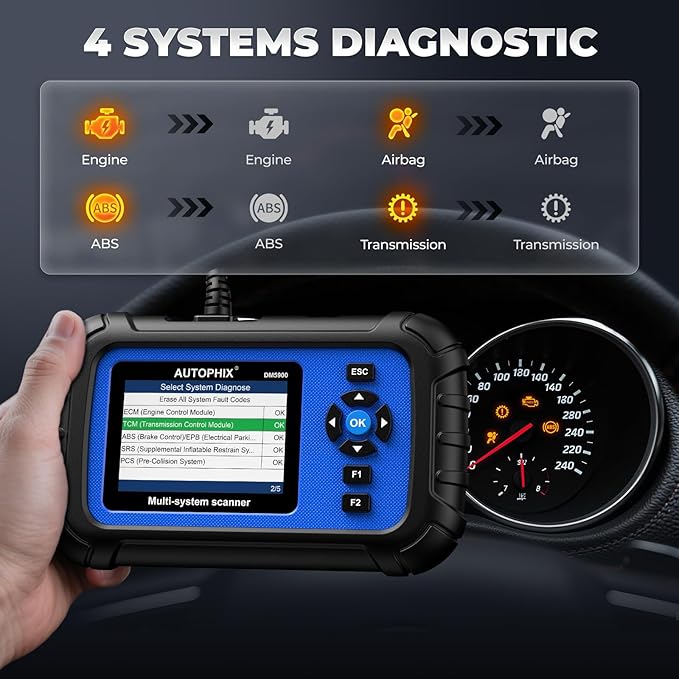 AUTOPHIX DM5900 OBD2 Scanner Diagnostic Tool Car Scanner for Engine Transmission ABS SRS, 12V Battery Tester, Diagnostic Scan Tool for ABS Airbag, Check Engine Code Reader with Lifetime Free Updates