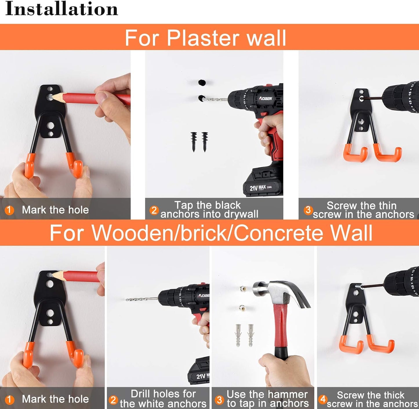 AOBEN Garage Hooks Heavy Duty, Steel Garage Storage Hooks, Utility Tool Hangers and Combinable Wall Mount for Organizing Ladder, Hold Chairs, Heavy Tools (Small U, 10 Pack)