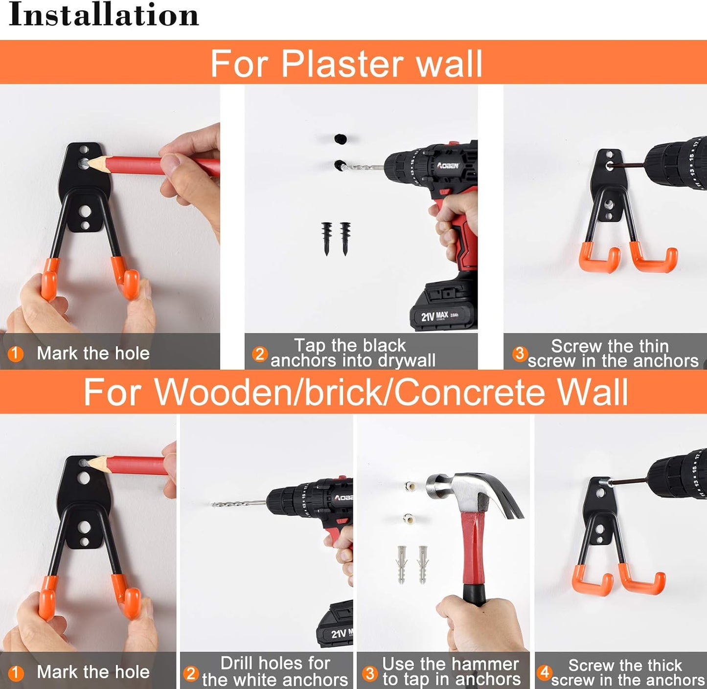 AOBEN Garage Hooks Heavy Duty, Steel Garage Storage Hooks, Utility Tool Hangers and Combinable Wall Mount for Organizing Ladder, Hold Chairs, Heavy Tools (Small U, 4 Pack)