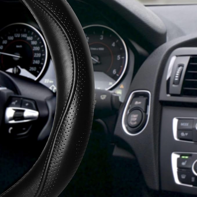 HAOKAY Top Grade Black Genuine Leather Steering Wheel Cover Men Women, Luxury Steering Wheel Cover for Cars, SUVS and Trucks，Universal 14.5-15 inch