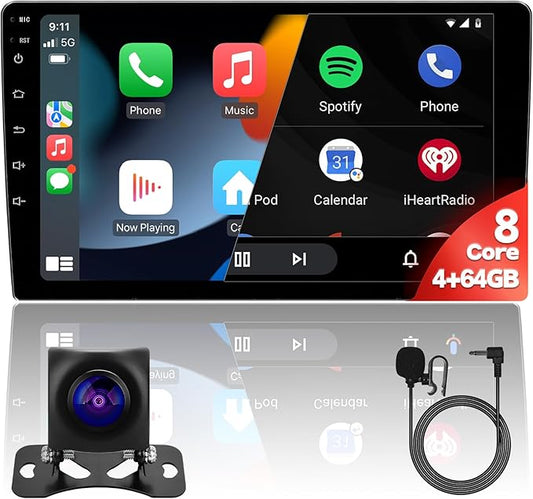 9'' 8Core 4+64GB QLED Full Touch Android Double Din Car Stereo Radio Audio Video Player with Apple CarPlay Android Auto 4G&WiFi DSP FM&AM BT MirrorLink Split Screen PIP GPS Navigation