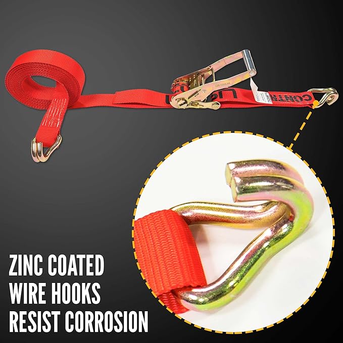US Cargo Control 2 Inch Wide x 18 Foot Long Ratchet Strap with Double J Hooks, Red Double J Hook Ratchet Strap, Secure Cargo with Ease, Case of 12