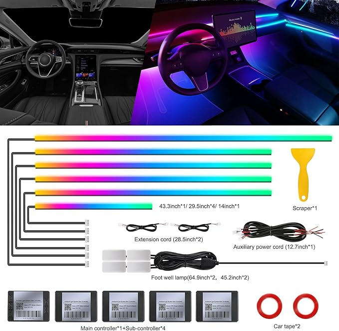 Dreamcolor Acrylic Interior Car LED Strip Light with Wireless APP, RGB 10 in 1 with 175 inches 593 Neon Car Ambient Lighting Kits, Dynamic Chasing Music Sync LEDs Fiber Optic Strip Lights for Car