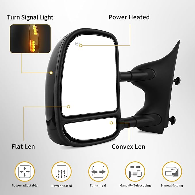DWVO Towing Mirror fit 99-07 Ford F-250 F-350 F-450 F-550 Super Duty, 01-05 Ford Excursion with Power Heated LED Signal Light Pair Set