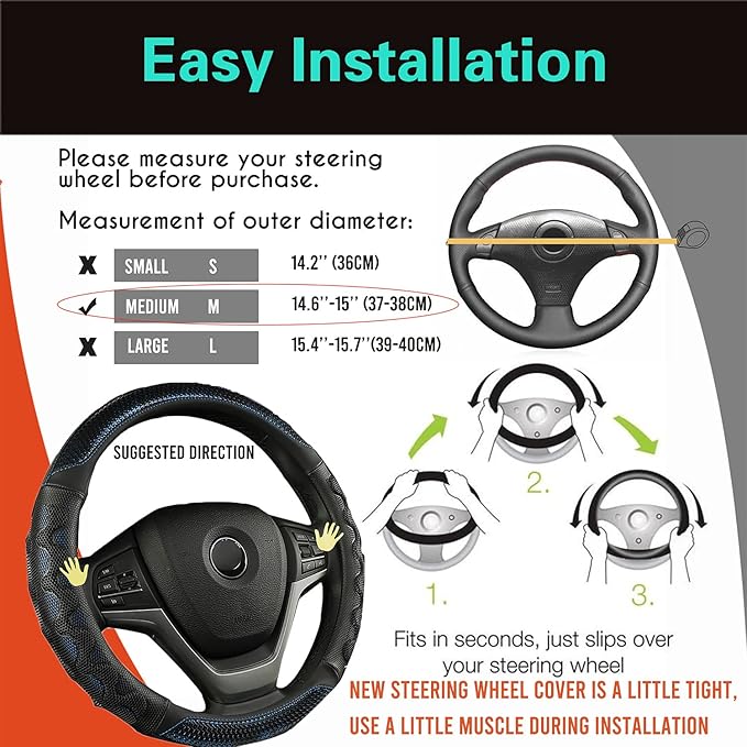 PINCTROT Steering Wheel Cover Great Grip with 3D Honeycomb Anti-Slip Design, Universal 14.5-15 Inch (Blue)