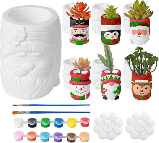 6 Pcs Christmas Ceramics Succulent Planters - Ready to Paint Your Own Garden Statues, DIY Paintable Ceramics Figurines Kit Crafts with Brush Palette for Adults Boys Girls (4.3 inch)
