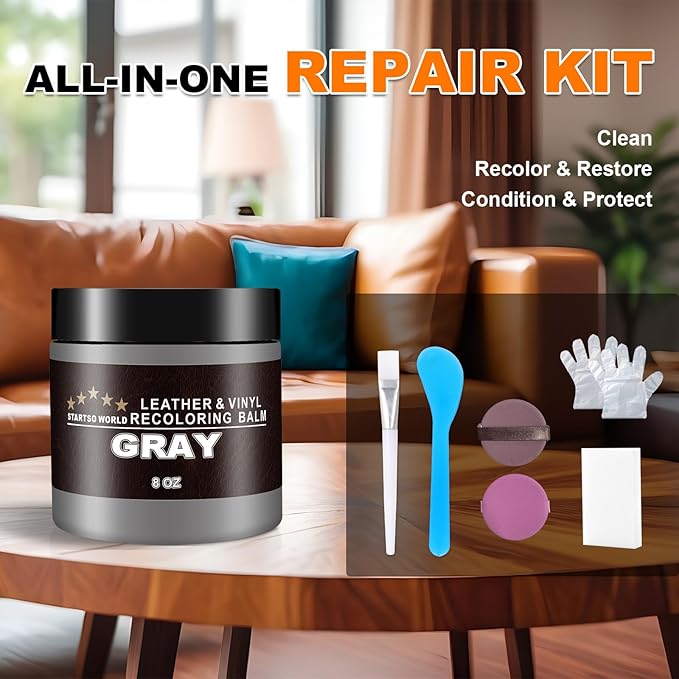 STARTSO WORLD Gray Leather Recoloring Balm, Leather Repair Kit for Furniture,Couches & Car Seats, Leather Paint, Leather Color Restorer, Leather Scratch Remover