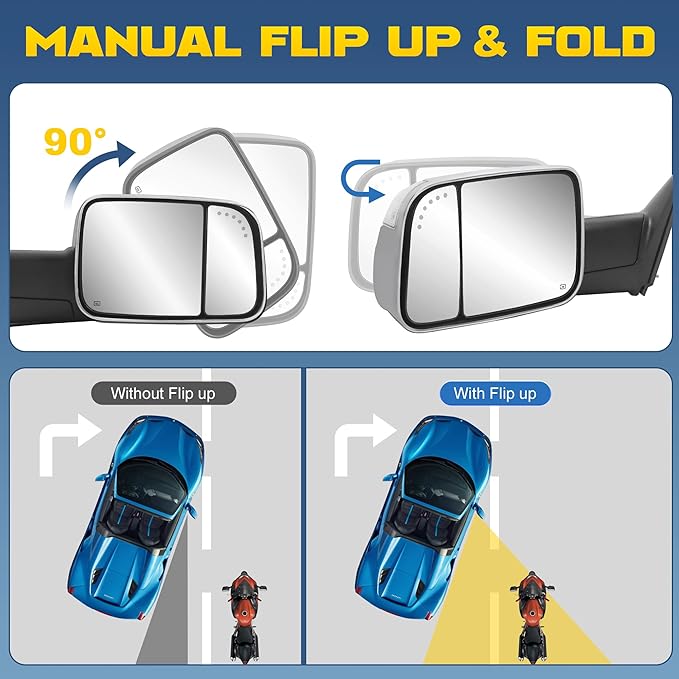 Pair Power Heated Towing Mirrors Compatible with 2009-2018 Dodge Ram 1500 2500 3500/2019-2024 Ram 1500 Classic w/Arrow Turn Signal Light,Temperature Sensor Side Mirrors (Chrome)
