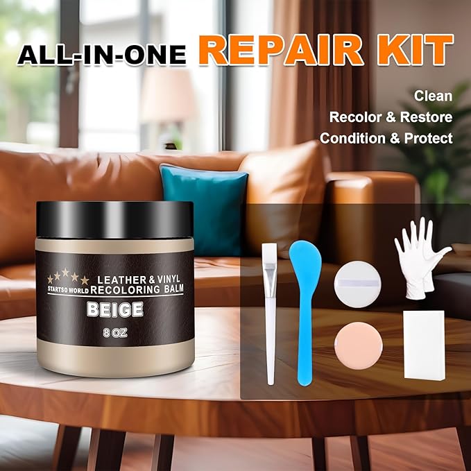 STARTSO WORLD Leather Recoloring Balm,Beige Leather Repair Kit for Furniture,Couches & Car Seats, Leather Paint, Leather Color Restorer, Leather Scratch Remover
