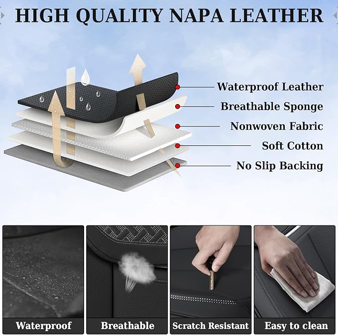Coverado Car Seat Covers Front Seats, Nappa Leather Front Seat Covers, Waterproof Car Seat Cushion, Black Seat Covers Car Seat Protector Interior Accessories Fit for Most Cars