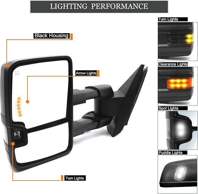 ReYee Towing Mirrors fit for 2007-2014 Chevy Silverado 1500 2500 3500 Tahoe Suburban GMC Yukon Sierra with Power Heated Turn Signal Light Arrow Signal On Glass Manual Telescoping Folding Black Cap