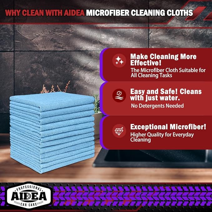 AIDEA Microfiber Cleaning Cloth Blue,150PK, Shop Rags, Microfiber Towels for Cars, Dusting Cloth Lint Free Rags, Absorbent Towels for SUVs, House, Kitchen, Mechanic, Workshops, 12"×12"