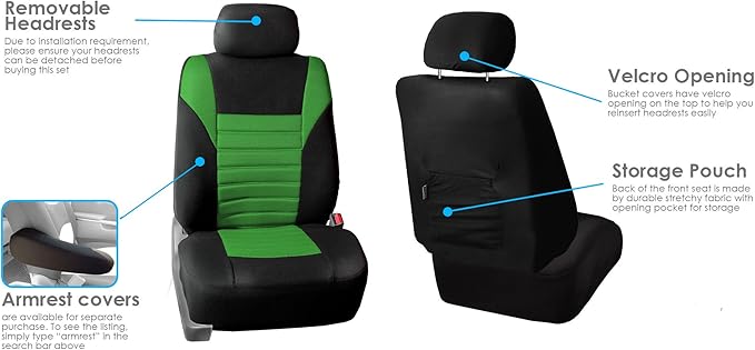 FH Group Automotive Car Seat Covers Full Set Premium 3D Air Mesh Front Seat Covers, Airbag Compatible & Split Bench Cover Universal Fit Interior Accessories for Cars Trucks and SUVs - Green